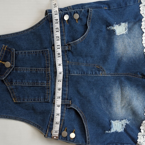 Distressed Embroidered Floral Jean Short Overalls M Blue Y2K Shortalls - Picture 13 of 14